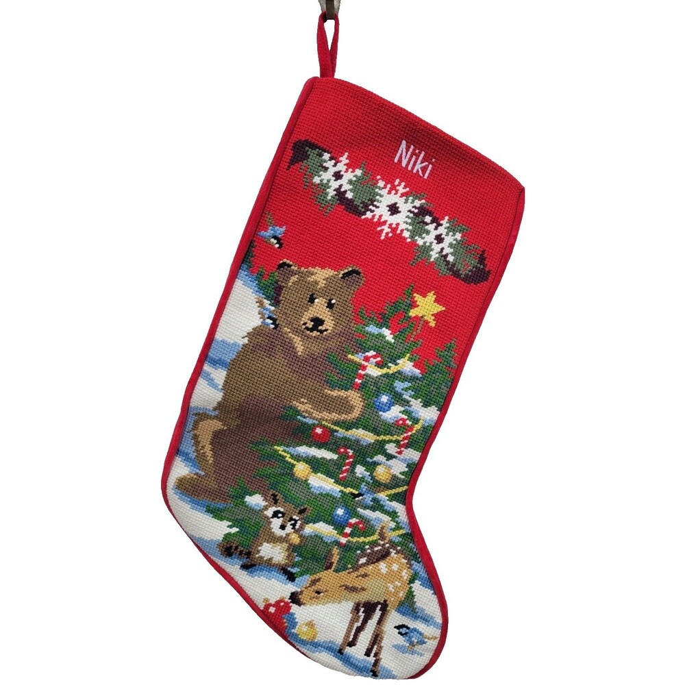 LL Bean Needlepoint Christmas Stocking Monogrammed Niki Teddy Bear Tree Red
